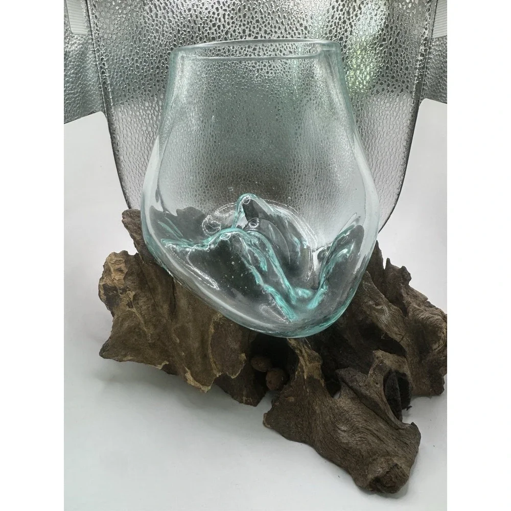 Hand Blown Glass Driftwood Bowl Planter Vase Rustic Coastal Boho Decor OOAK